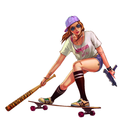 Sell Accounts GtaV, Girl on a skateboard with a gun and a bat in her hand 