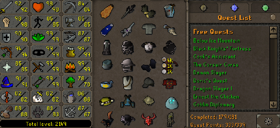 Main | 2140+ Total | 330+ QP | Avernic | E Void | Fire Cape | Assembler | B Gloves | MA2 Cape | Skilling Outfits | Rare Pets