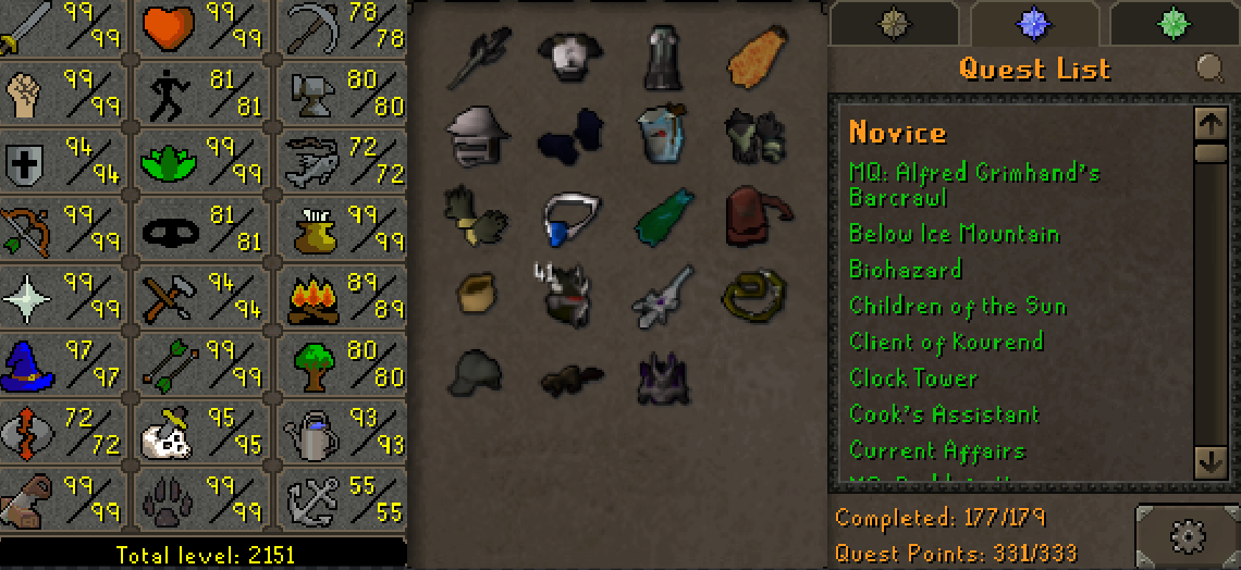Main | 2150+ Total | 330+ QP | Avernic | E Void | Fire Cape | Assembler | B Gloves | MA2 Cape | Lumberjack | Rare Pets