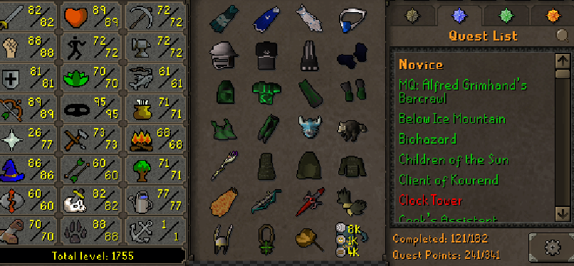 Main | 1750+ Total | 240+ QP | Void | Fire Cape | B Gloves | Divine Rune Pouch | MA2 Cape | Graceful | Rare Pets