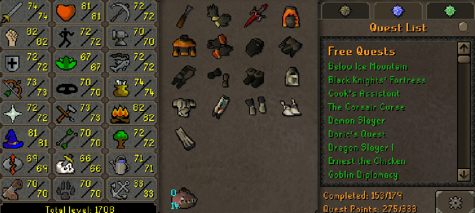 Main | 1700+ Total | 270+ QP | 82 Strength | 81 Magic | B Gloves | Skilling Outfits