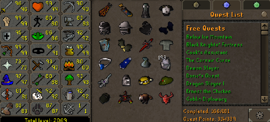 Main | 2060+ Total | 310+ QP | 99 Strength | 99 Ranged | 97 Magic | 96 Attack | Infernal | Quiver | E Void | Assembler | B Gloves | MA2 Cape | Skilling Outfits | Rare Pets
