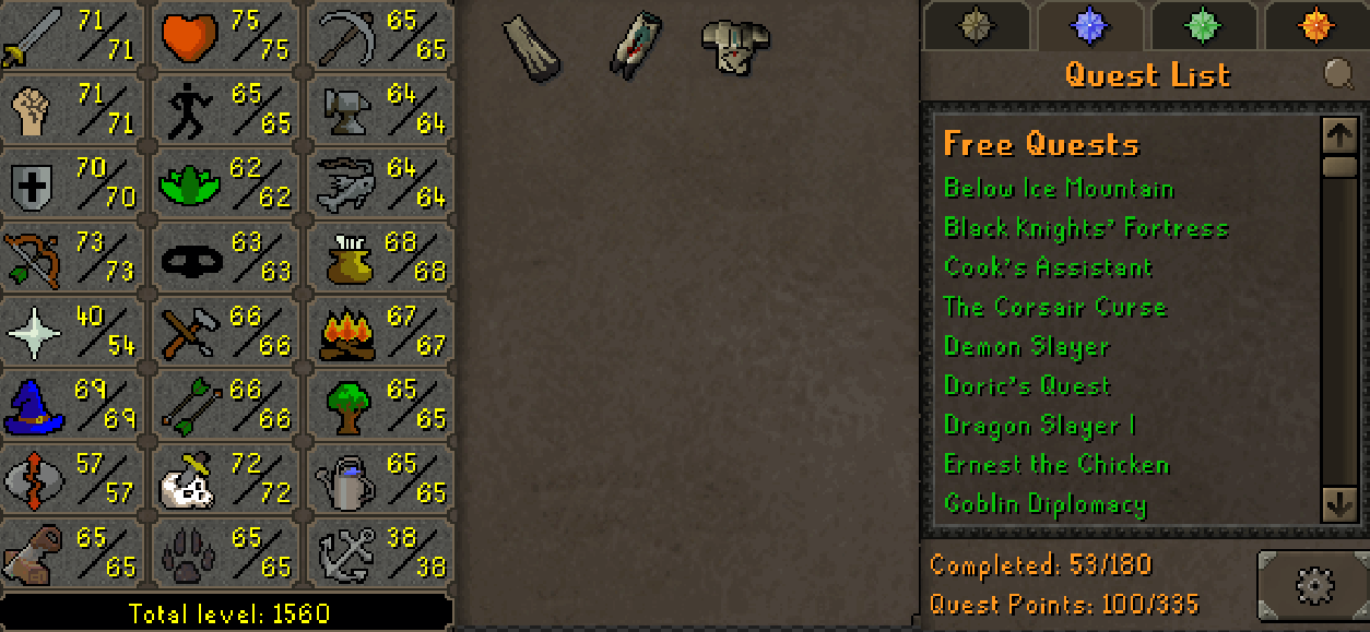 Main | 1560+ Total | 100+ QP | 73 Ranged | 71 Attack | 71 Strength | Graceful