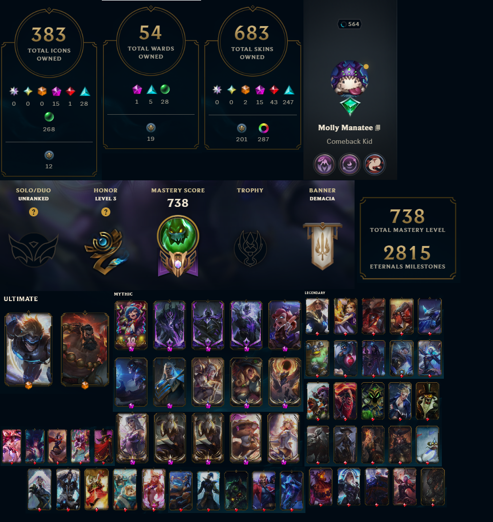 NA | 683 Skins | 165 Champions | Prestige Bewitching Morgana | Prestige Nightbringer Lee Sin | Prestige Nightbringer Lee Sin (2022)
