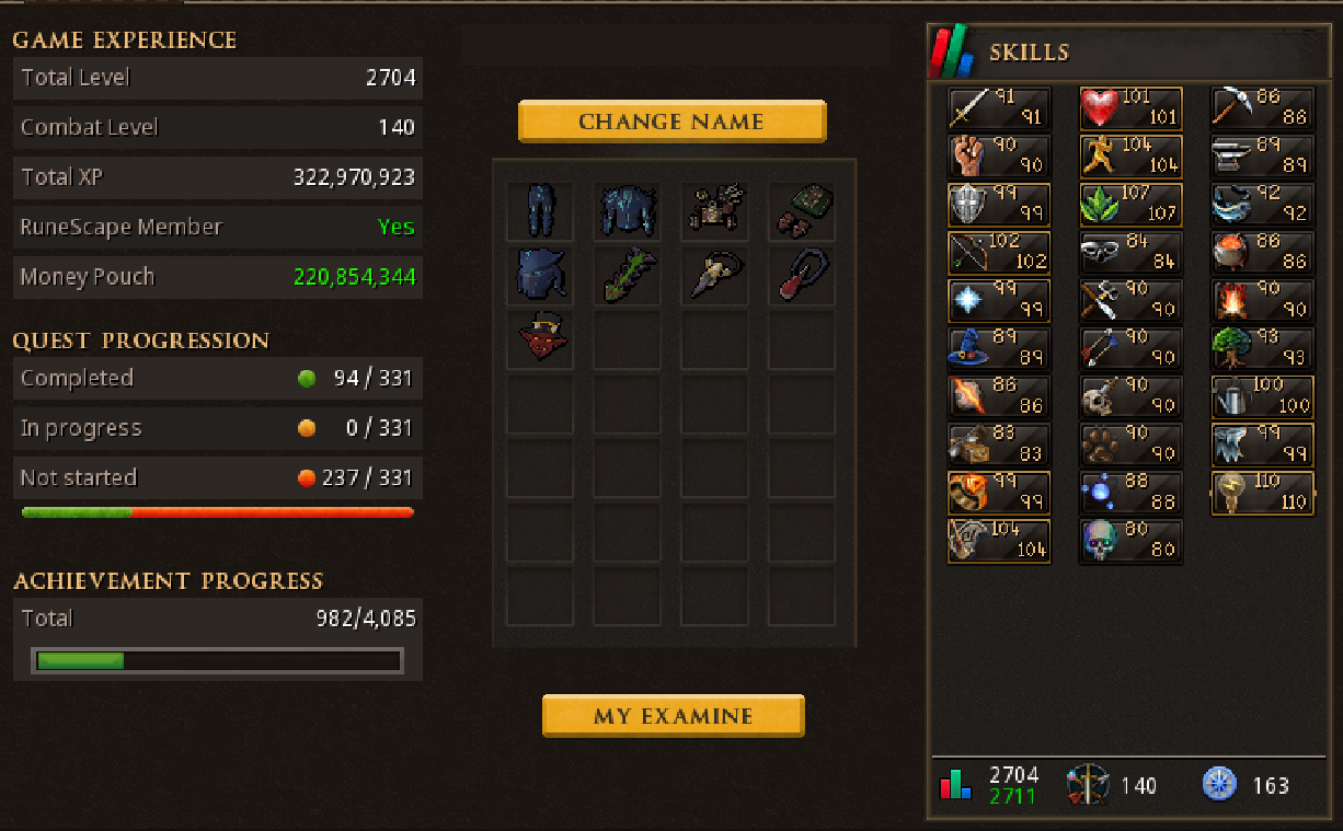RS3 Main | 2710+ TL | 160+ QP | 980+ Achievements | 320M+ XP | Sirenic Mask | Aug Sirenic Hauberk/Chaps | Aug Bandos Chestplate/Tassets | TokHaar-Kal-Xil | GOTE | Blood Fury | Charming Imp | Rare Pets