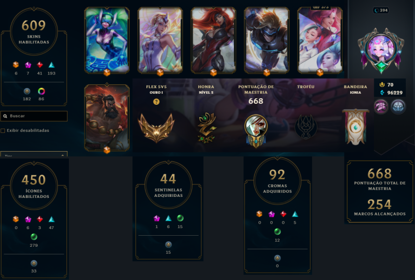 LoL | Level 394 | Region BR | Season 2023 Gold II | Champion Count 162 | Skin Count: 609 | 96K+ BE | ChicksWLOL49