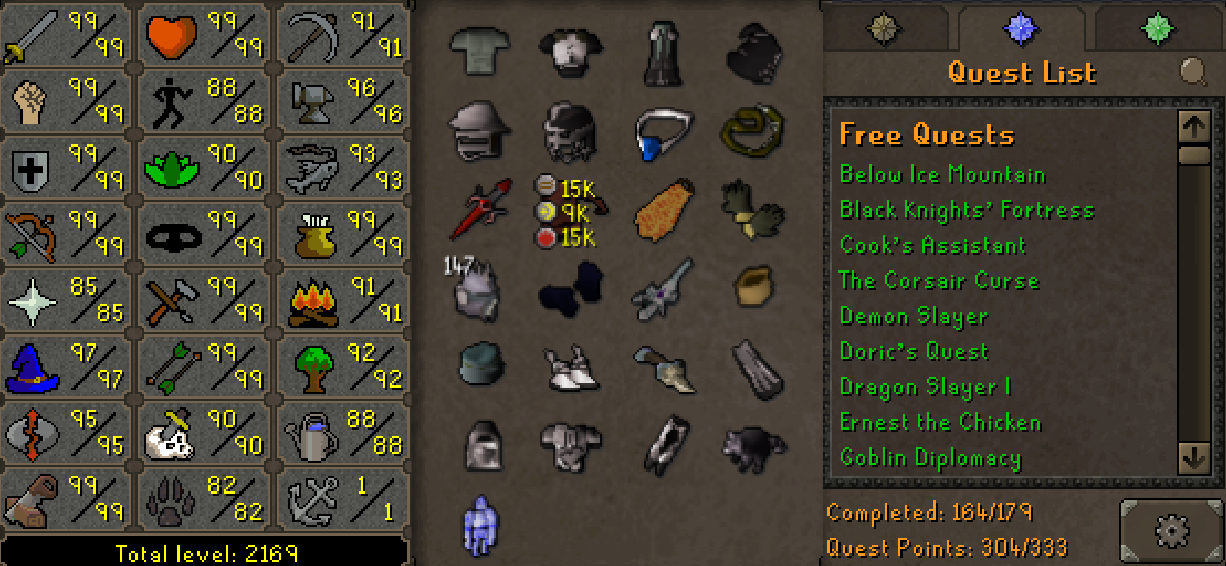 Legacy Max Melee Main | 2160+ Total | 300+ QP | E Void | Fire Cape | B Gloves | Graceful | Rare Pets