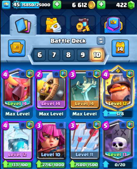 Level 45 | 6612 Trophies | 108 Cards | 32 Maxed | 17 Tower Skins, 44 Emotes | 6.6k Gold, 422 Gems - chicksroy19