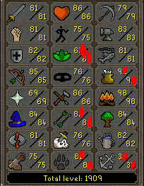 Main | 1900+Total | 280+QP | 81 Atk | 81 Str | 82 Def | 85 Rng | 84 Mgc | Pyromancer| Barrow Gloves