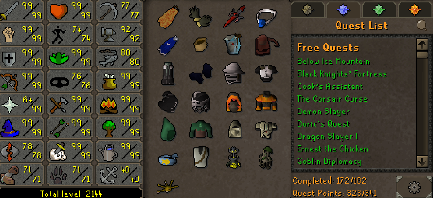 Max Combat Main | 2140+ Total | 320+ QP | E Void | Fire Cape | Assembler | B Gloves | MA2 Cape | Skilling Outfits | Rare Pets