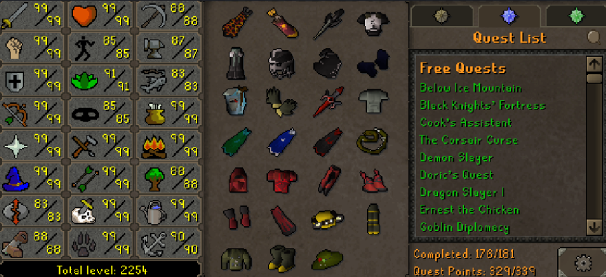 Max Combat Main | 2250+ Total | 320+ QP | 99 Slayer | Infernal | Quiver | Avernic | E Void | Assembler | B Gloves | MA2 Cape | Skilling Outfits