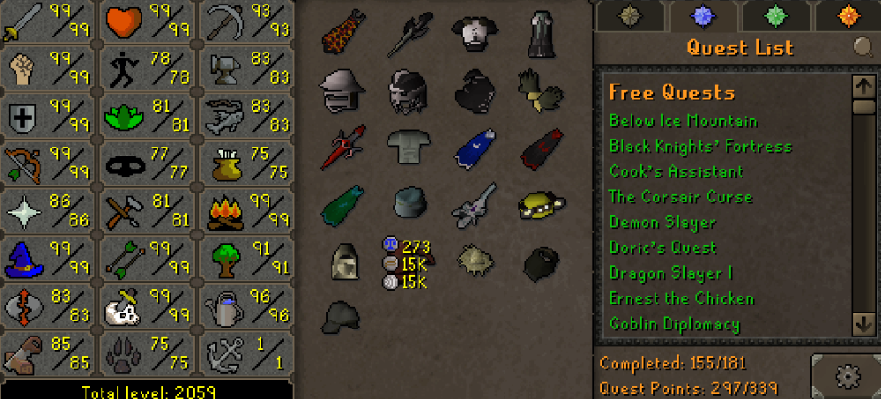Max Melee Main | 2050+ Total | 290+ QP | 99 Ranged | 99 Magic | 99 Slayer | Infernal | Avernic | E Void | B Gloves | MA2 Cape | Skilling Outfits