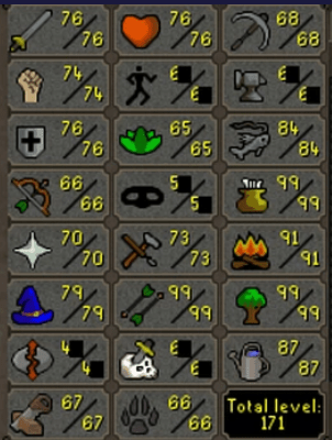 Main | 1710+ Total | 230+ QP | 76 Attack | 74 Strength | 76 Defence | 66 Range | 79 Magic | 70 Prayer | 99 Fletching | Void | D defender |