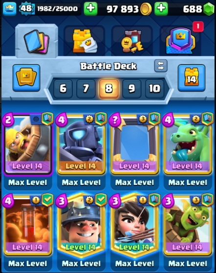 Level 48 | 6422 Trophies | 108 Cards | 31 Maxed | 19 Tower Skins, 54 Emotes | 97k Gold, 688 Gems - chicksroy16