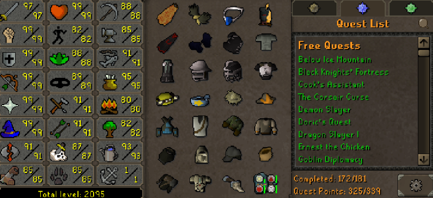 Main | 2090+ Total | 320+ QP | 99 Strength | 99 Defence | 99 Ranged | 99 Magic | E Void | Fire Cape | Masori Assembler | B Gloves | MA2 Cape | Divine Rune Pouch | Skilling Outfits