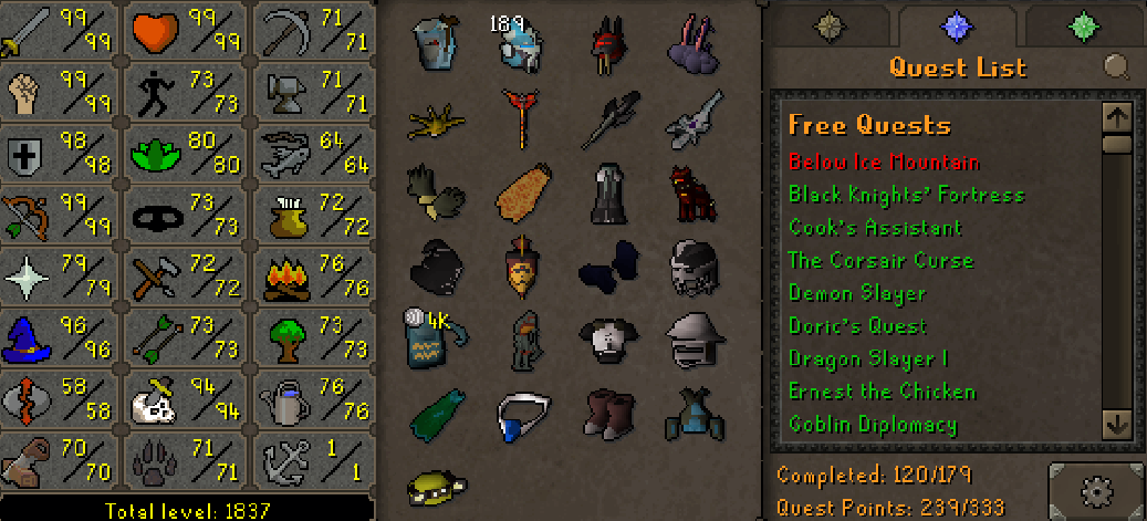 Main | 1830+ Total | 230+ QP | Avernic | E Void | Fire Cape | Assembler | B Gloves | MA2 Cape | Divine Rune Pouch | Skilling Outfits | Rare Pets