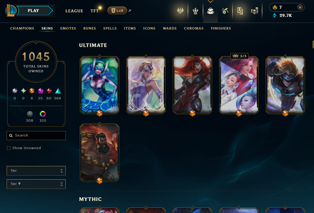 EUW | 1047 Skins | 162 Champions | Worlds 2012 Riven, Prestige K/DA Akali | 24 Mythics | ChicksQLOLS04