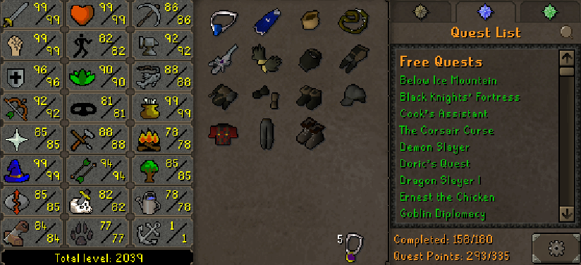 Main | 2030+ Total | 290+ QP | 99 Strength | 96 Defence | 99 Ranged | B Gloves | MA2 Cape | Skilling Outfits