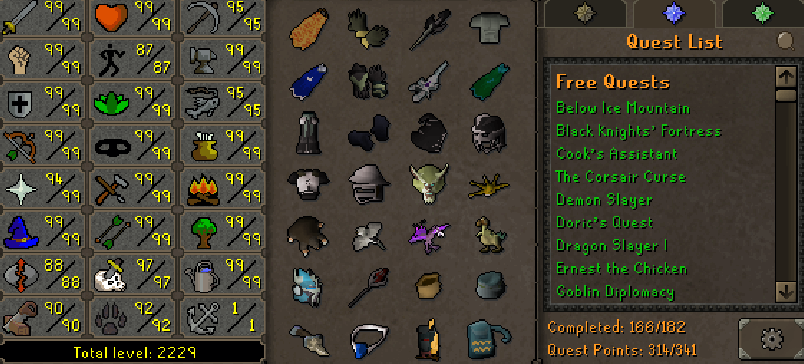 Max Combat Main | 2220+ Total | 310+ QP | Avernic | E Void | Fire Cape | Masori Assembler | B Gloves | MA2 Cape | Divine Rune Pouch | Rare Pets
