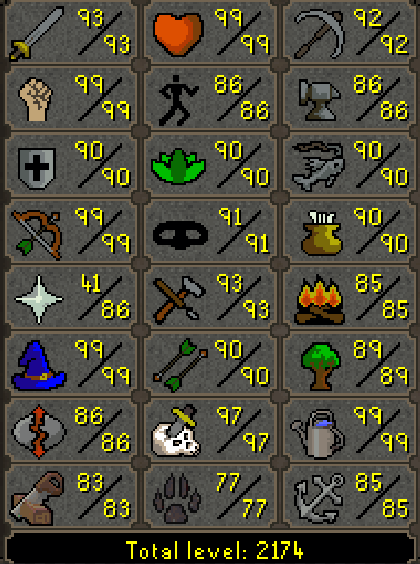 Main | 2170+ Total | 333 QP | 99 Strength | 99 Ranged | 99 Magic | 97 Slayer | E Void | Fire Cape | B Gloves | MA2 Cape | Divine Rune Pouch | Graceful