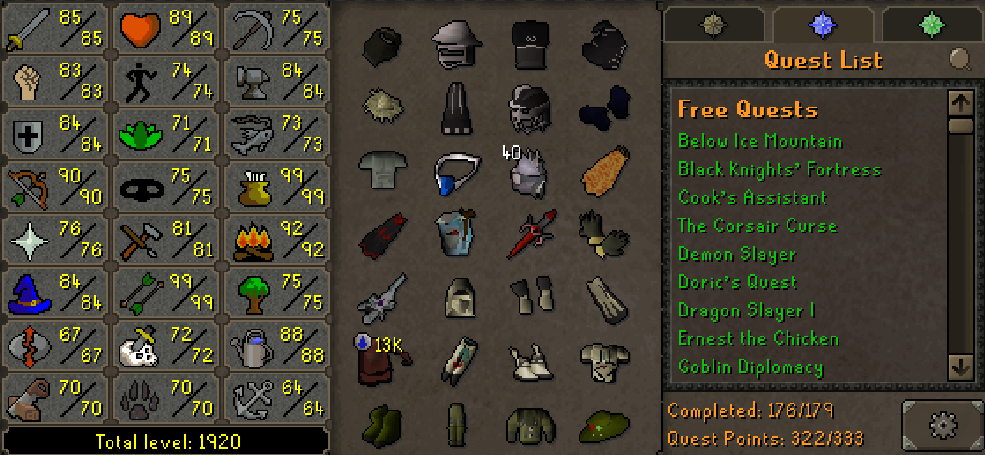 Main | 1920+ Total | 320+ QP | 90 Ranged | Fire Cape | Void | Assembler | B Gloves | MA2 Cape | Skilling Outfits