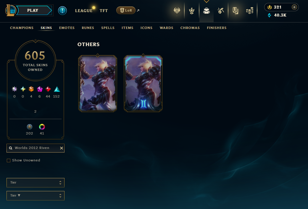 NA | 605 Skins | 162 Champions | PAX Twisted Fate , Young Ryze , Silver Kayle | 5 Mythics | ChicksQLOLS02