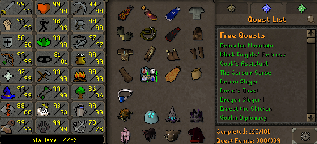 Infernal Main | 2250+ Total | 300+ QP | 99 Attack | 99 Strength | 99 Ranged | 99 Magic | Infernal | Quiver | Fire Cape | B Gloves | MA2 Cape | Divine Rune Pouch | Graceful | Rare Pets