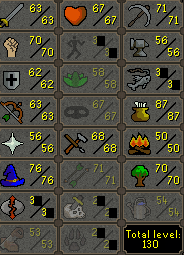 Main | 1300+ Total | 55+ QP | 63 Attack | 70 Strength | 62 Defence | 63 Ranged | 76 Magic | 56 Prayer | 68 Crafting [ChicksJOS3271]