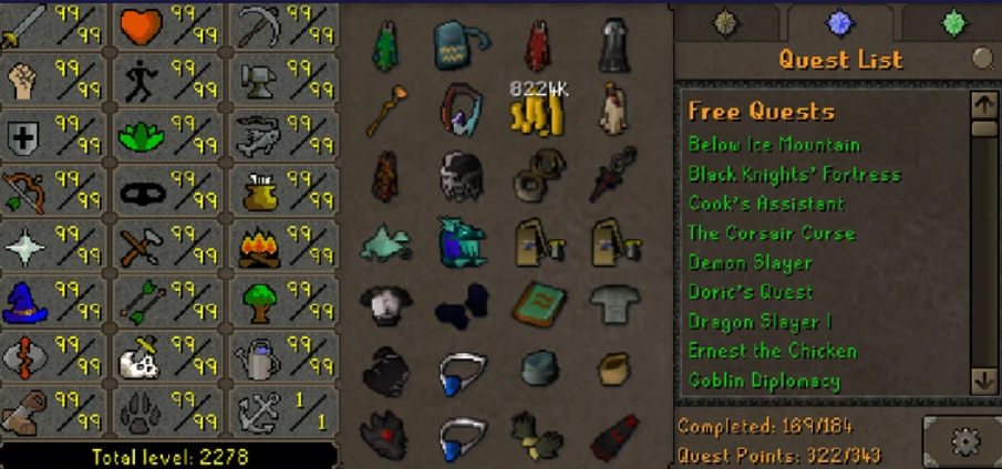 Ex Max Main | 2270+ Total | 320+ QP | Infernal Max Cape | Max Dizana | E Void | B Gloves | MA2 Cape | Divine Rune Pouch | Blood Torva | Skilling Outfits