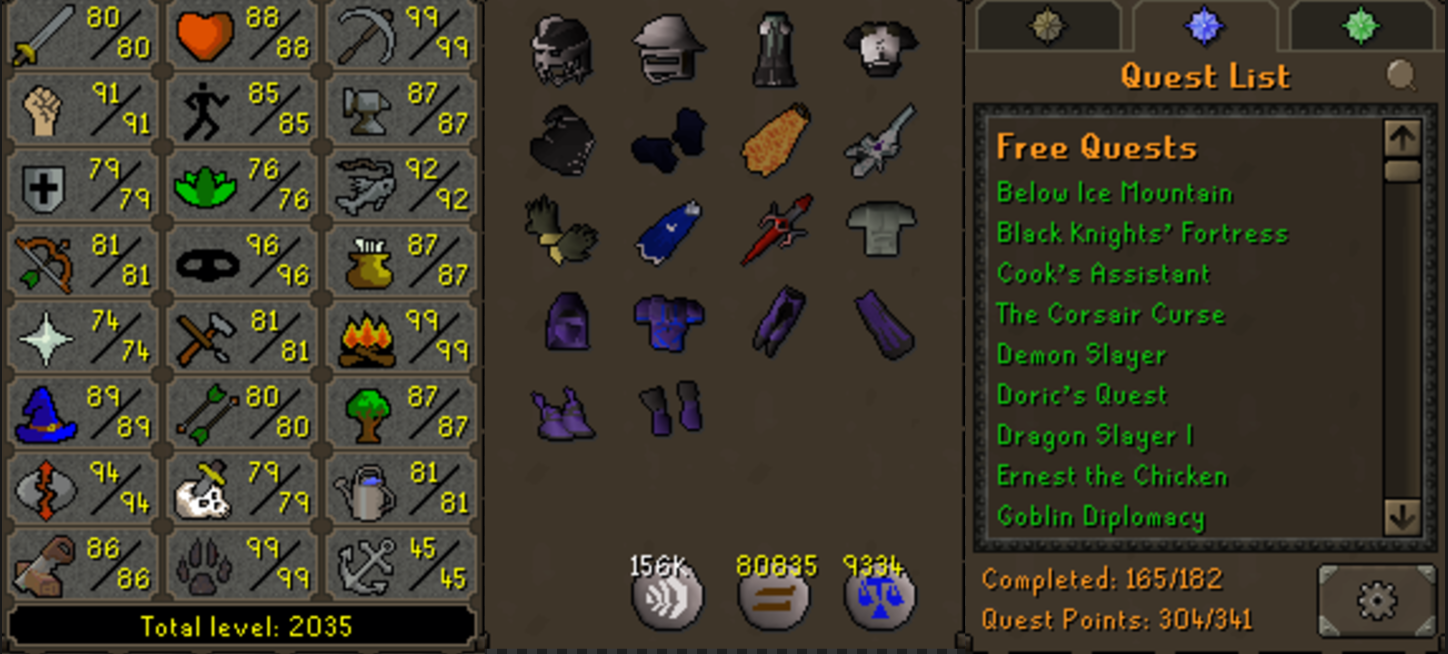 Ironman | 2030+ | 304+ QP | 300M+ Bank | Multiple 99s | 91 Str | 81 Range | 89 Magic | 74 Pray | E void | B Gloves | Skills Outfits