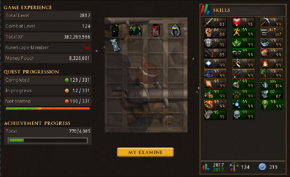 RS3 Main | 2810+ TL | 210+ QP | 770+ Achievements | 380M+ XP | Veteran 15 Yrs | Aug Deathdealer Top/Bottom | Spring Cleaner 9001 | Rare Pets