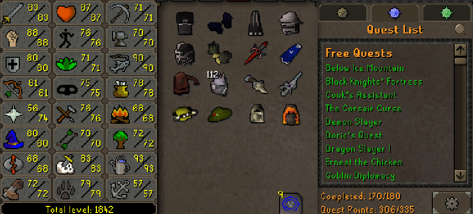 Main | 1840+ Total | 300+ QP | Void | B Gloves | Skilling Outfits