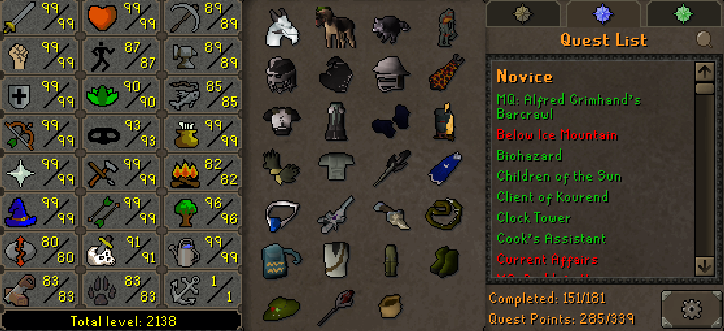 Max Combat Main | 2130+ Total | 280+ QP | 4-Letter Name | Infernal | Avernic | E Void | B Gloves | MA2 Cape | Divine Rune Pouch | Angler | Rare Pets