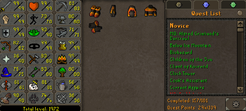 Max Melee Main | 1970+ Total | 290+ QP | Multiple 99 Trade Skills | Pyromancer
