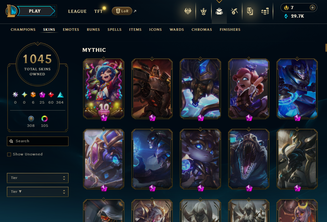 EUW | 1047 Skins | 162 Champions | Worlds 2012 Riven, Prestige K/DA Akali | 24 Mythics | ChicksQLOLS04