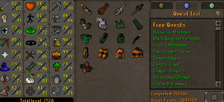 Main | 1920+ Total | 260+ QP | 93 Strength | Infernal | Quiver | Avernic | B Gloves | Skilling Outfits