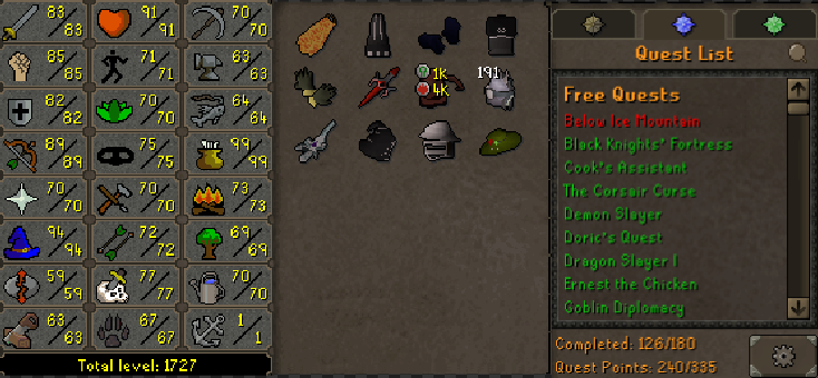 Main | 1720+ Total | 240+ QP | 94 Magic | Fire Cape | Void | B Gloves | Prospector