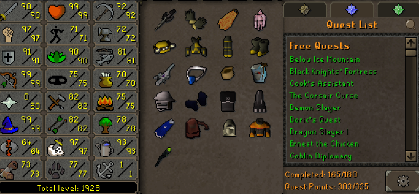 Main | 1920+ Total | 300+ QP | 99 Magic | 99 Ranged | 97 Strength | Avernic | Fire Cape | Void | Assembler | B Gloves | MA2 Cape | Prospector | Rock Golem