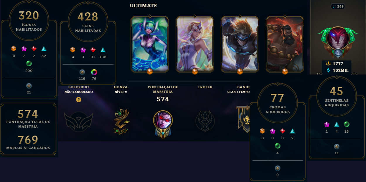 LoL | Level 249 | Region BR | Season 2023 First Split, Unranked |  Champion Count 162 | Skin Count 428 | 102k BE - ChicksTLOL20