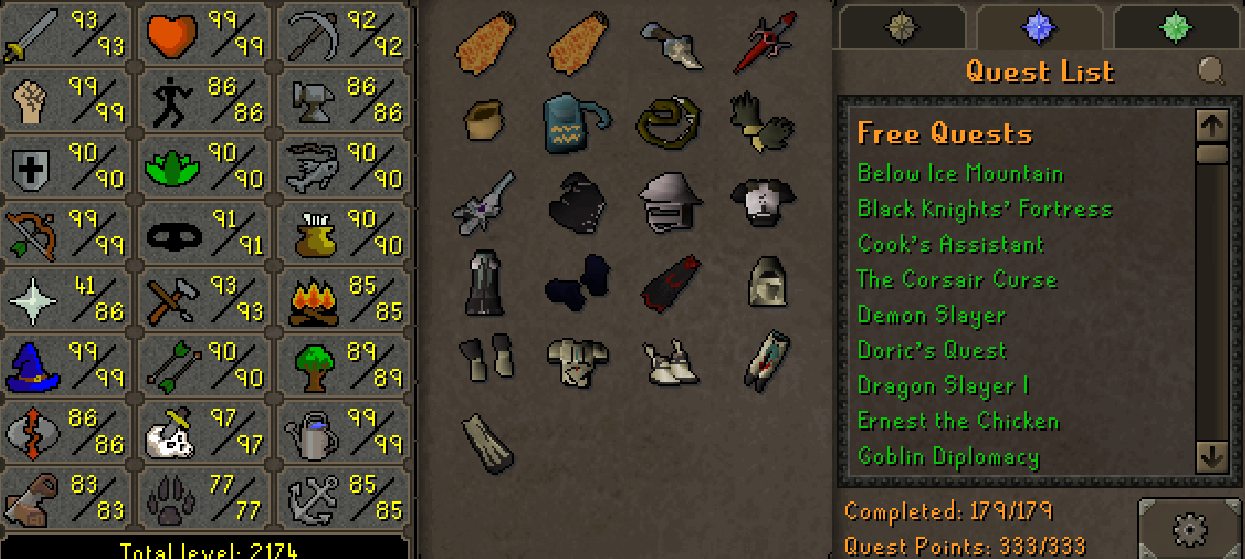 Main | 2170+ Total | 333 QP | 99 Strength | 99 Ranged | 99 Magic | 97 Slayer | E Void | Fire Cape | B Gloves | MA2 Cape | Divine Rune Pouch | Graceful