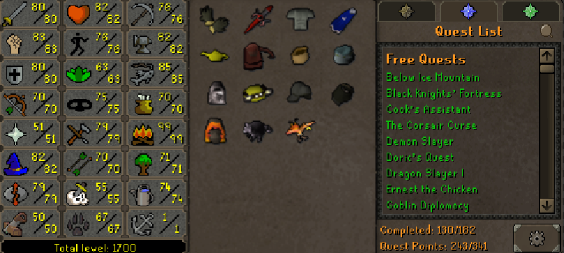 Ironman | 1700+ Total | 240+ QP | 50M+ Bank | B Gloves | MA2 Cape | Skilling Outfits | Rare Pets