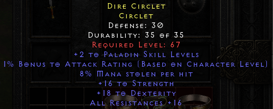 Dire Circlet Circlet - 2Pal,Viso,8%ms,16str,18dex,16allres
