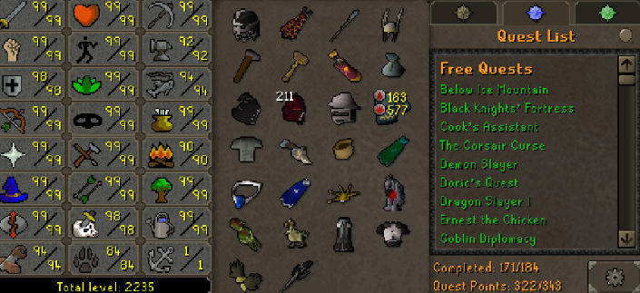 Near Max Combat Main | 2230+ Total | 320+ QP | Infernal | Quiver | Avernic | E Void | B Gloves | MA2 Cape | Divine Rune Pouch | Rare Pets