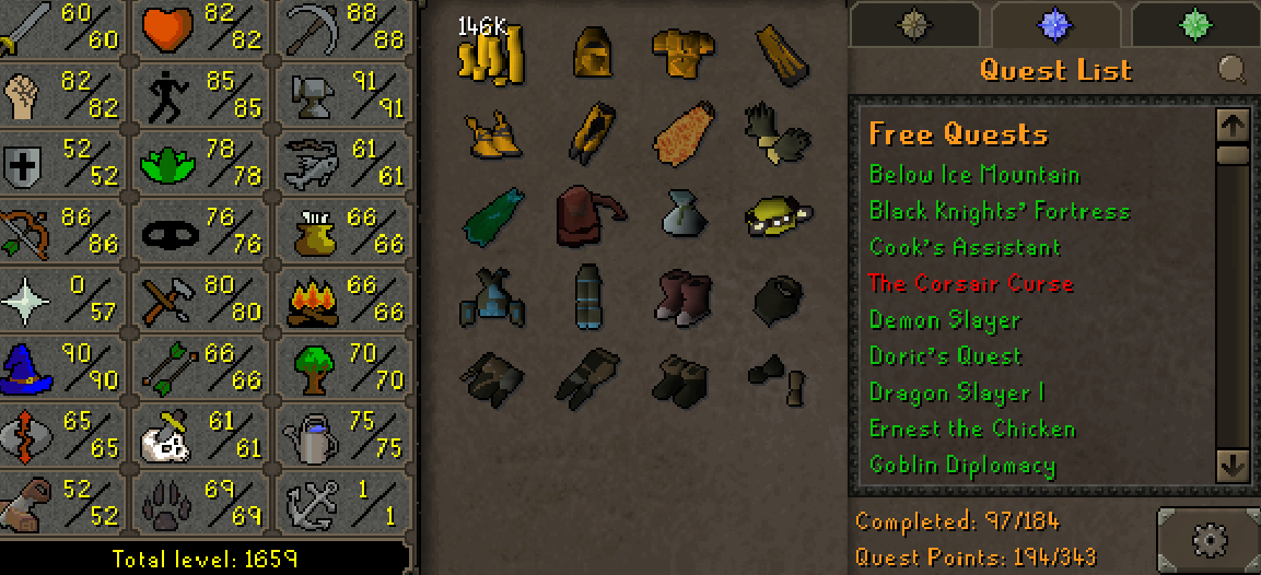 Main | 1650+ Total | 190+ QP | 90 Magic | B Gloves | MA2 Cape | Skilling Outfits