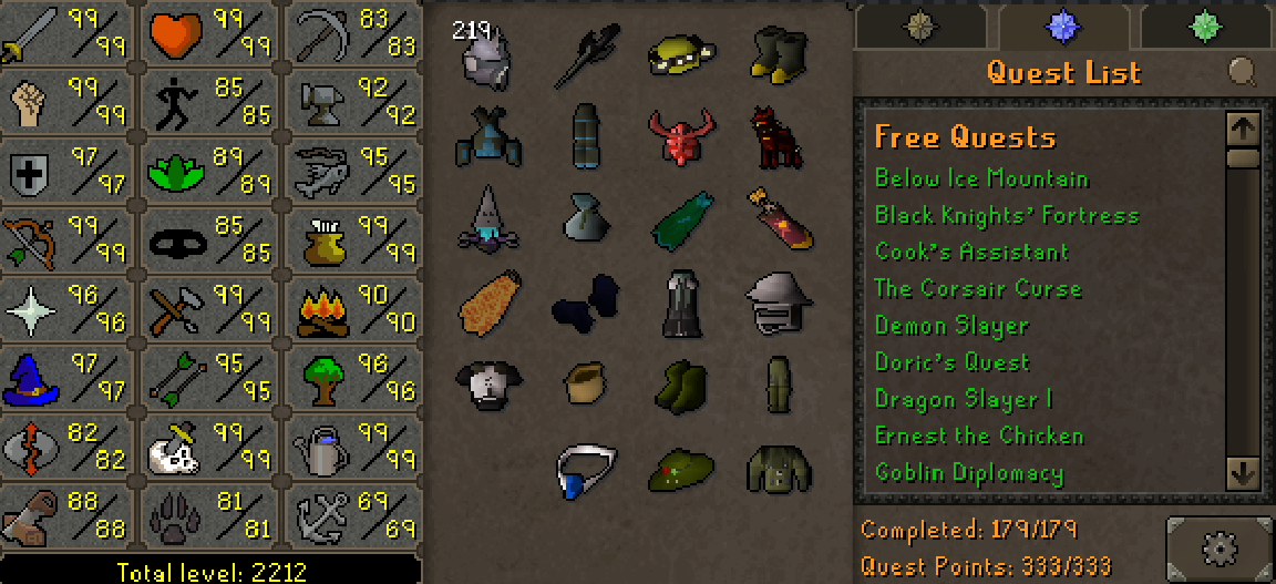 Main | 2210+ Total | 333 QP | Quiver | Avernic | E Void | Fire Cape | MA2 Cape | Angler | Rare Pets