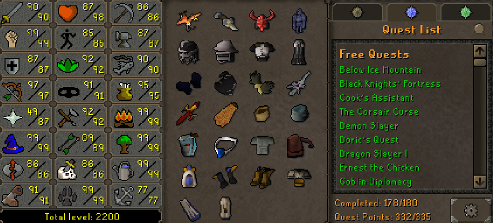 Main | 2200+ Total | 330+ QP | 99 Strength | 97 Ranged | 99 Magic | E Void | Fire Cape | Assembler | B Gloves | Graceful | Rare Pets