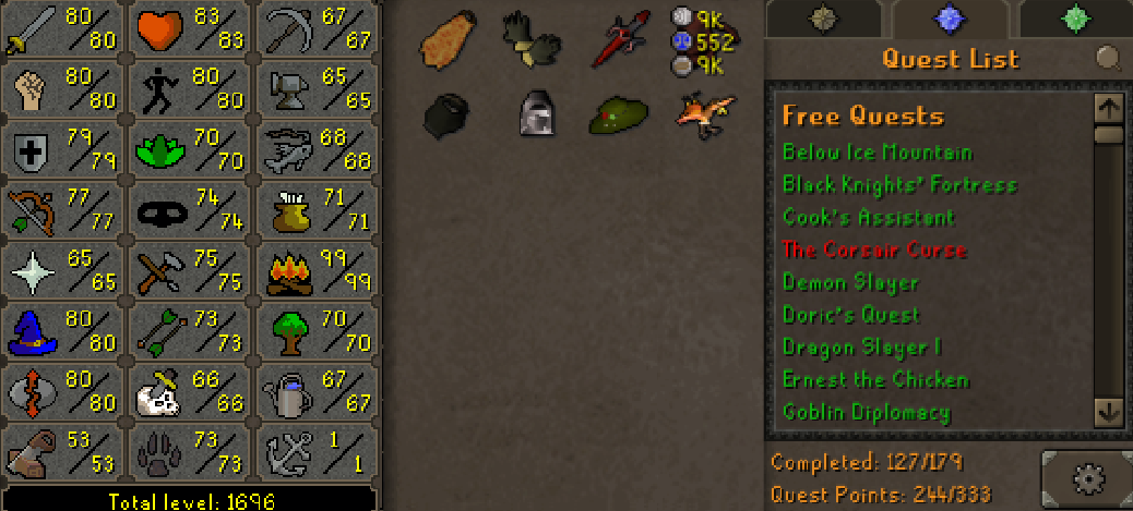 Main | 1690+ Total | 240+ QP | Fire Cape | B Gloves | Skilling Outfits | Rare Pet