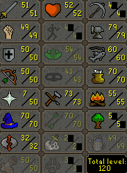 Main | 1200 Total | 30+ QP | 51 Att | 49 Str | 50 Def | 50 Range | 70 Mage | 55 Firemaking | 70 Cooking | 60 Fishin | 79 Smithing [ChicksZOS68]