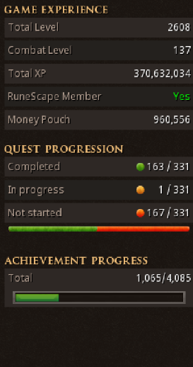 RS3 Main | 2600+ TL | 260+ QP | 1060+ Achievements | 370M XP | Sirenic Mask | Aug Sirenic Hauberk/Chaps | Aug Bandos Chestplate/Tassets | TokHaar-Kal-Xil/Ket/Mej | GOTE | Brawler's Knockout | Blood Fury | Spring Cleaner 9001 | Rare Pets