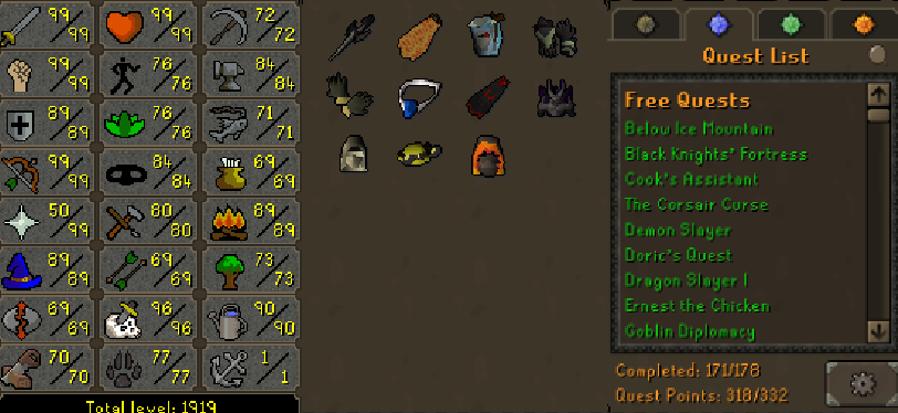 Main | 1910+ Total | 310+ QP | 99 Strength | 99 Attack | 99 Ranged | 96 Slayer | Avernic | Fire Cape | Assembler | Ferocious Gloves | Skilling Outfits | Rare Pet